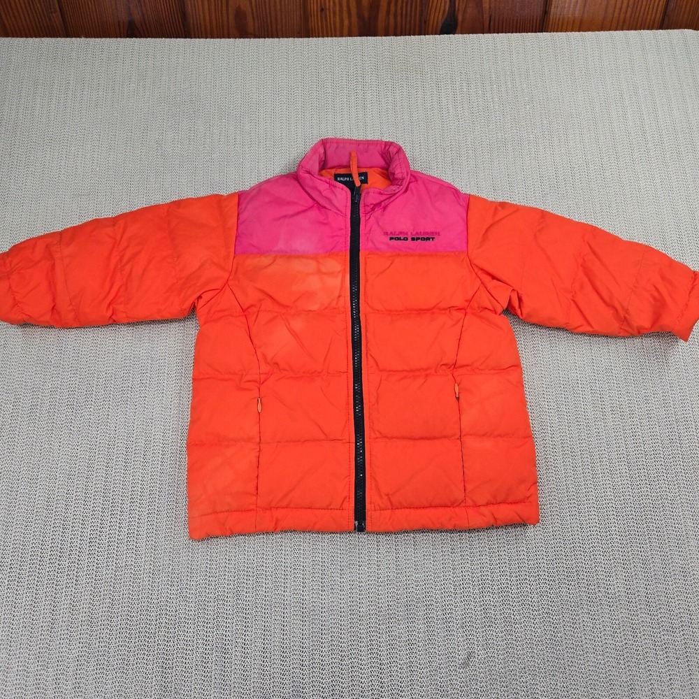 Vtg Polo Sport Down Puffer Jacket Girls 3T Orange Pink Nylon Hooded Y2K